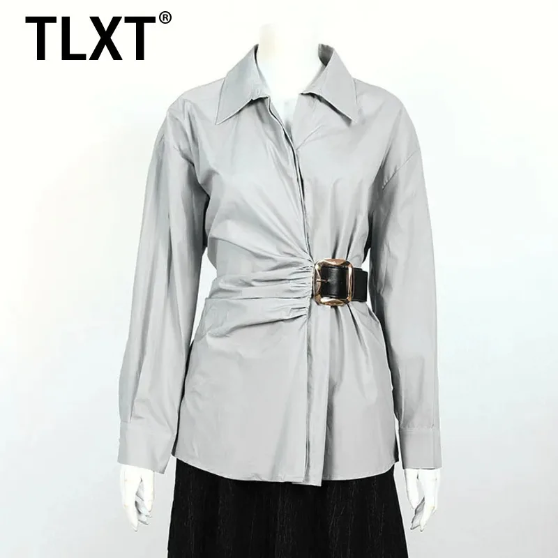 

TLXT Элегантная женская рубашка с нерегулярным поясом на талии, тонкий удобный топ высокого качества с складными лацканами, новинка лета 2024, XK1369