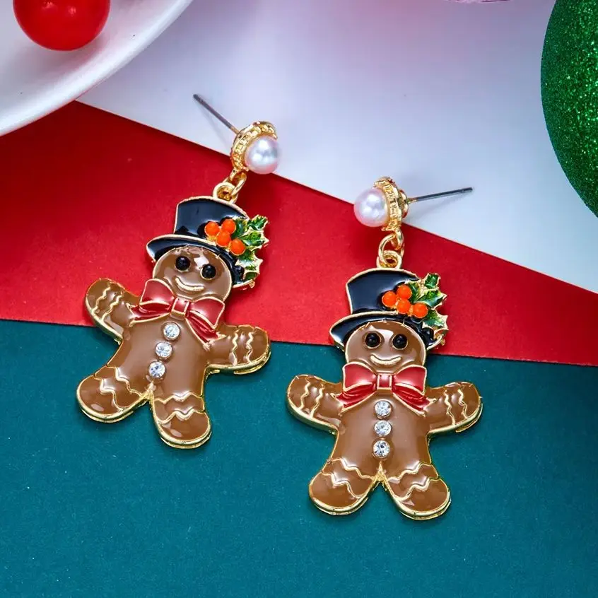 Trendy Cute Christmas Gingerbread Man Drop Earrings for Women Funny Pink Cartoon Cookie Dangle Earring Holiday Party Jewelry