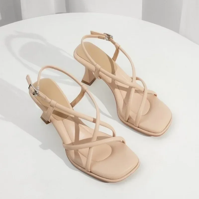 2024 Summer New Simple Square Headed Slim Strap Thick Heel Sandals for Women, Straight Toe Open Toe Sandals for Women