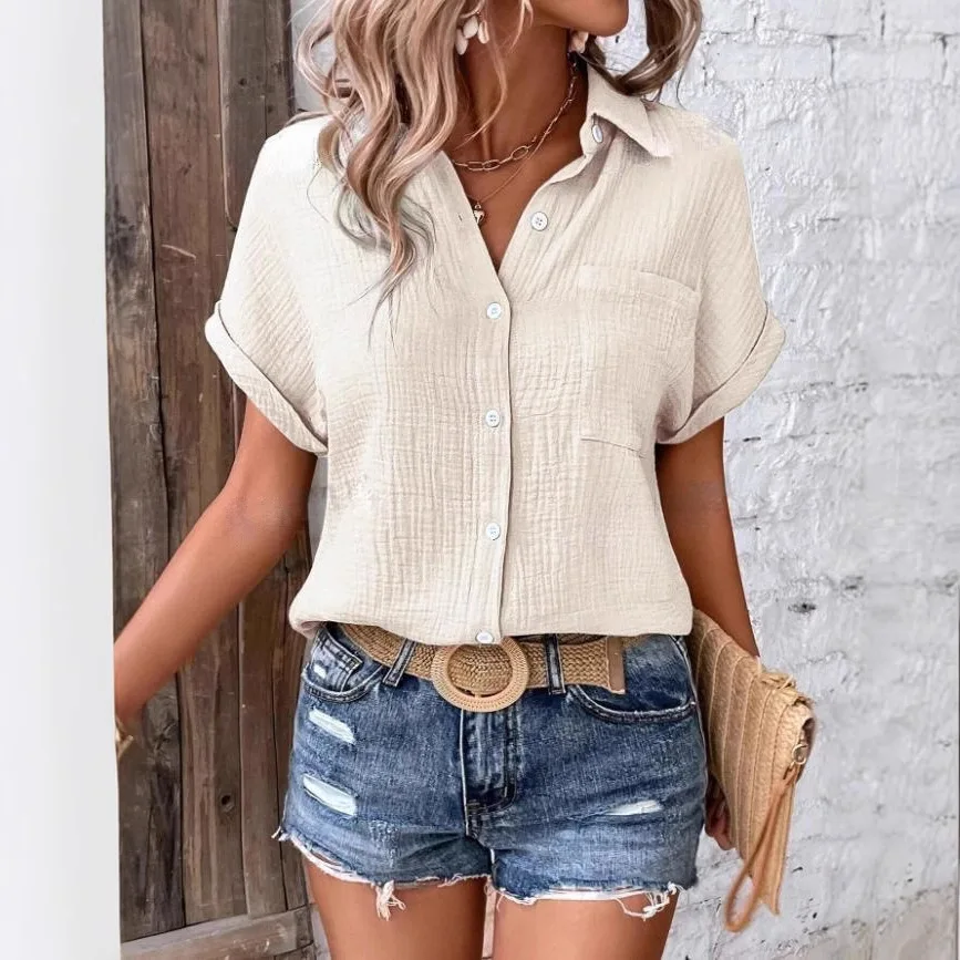 

2025 Summer Women's Fashion Button Lapel Short-sleeved Loose Top Solid Color Shirt Women's Daily Commuting Style Versatile Shirt