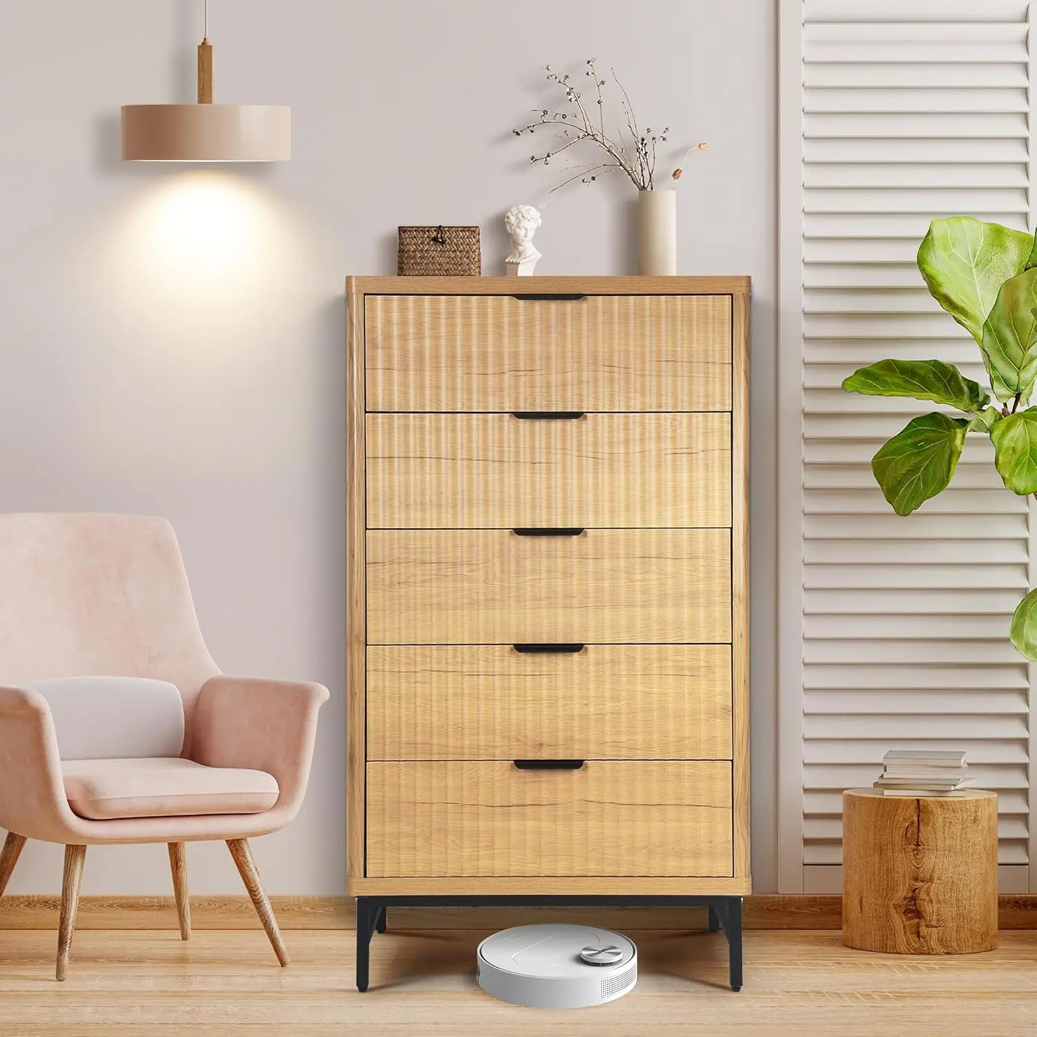 

5 Drawer Fluted Wooden Dresser with Metal Handles for Bedroom Living Room Hallway Natural Oak, Customized