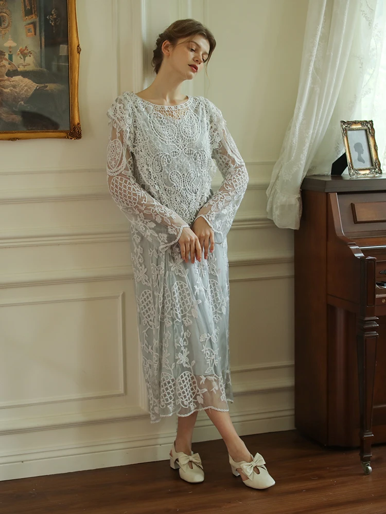 Spring Summer Dress For Women Elegant Loose Exquisite Floral Embroidered Lace Soft Comfortable Grey Blue Dresses