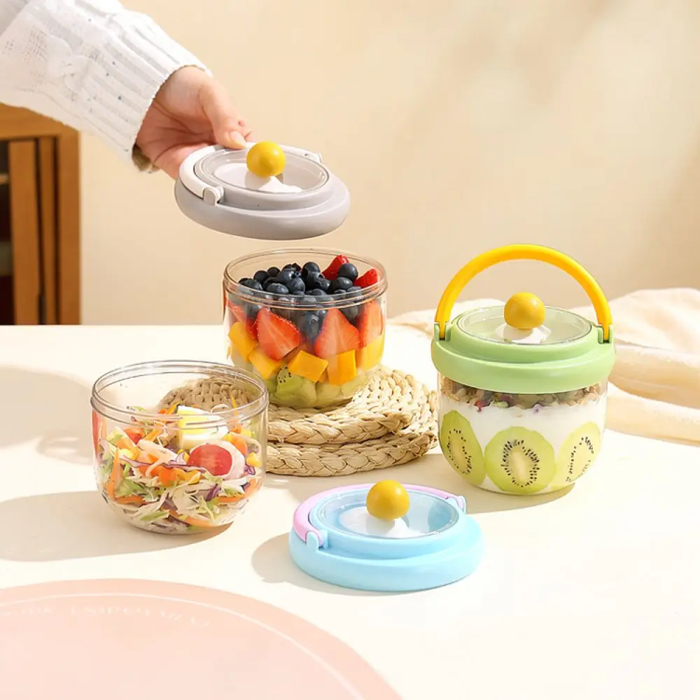 Round Portable Salad Container With Handle Microwavable Food Storage Bowl For Camping Picnic Office School Meal Prep
