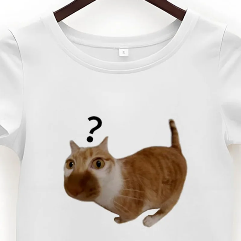 

"Cross-border Exclusive! Solid Funny Cat Print Crop T-Shirt - Loose Fit Slim｜Casual Street"