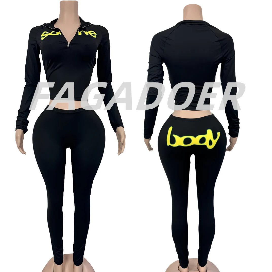 FAGADOER Y2K Streetwear Fashion Letter Print 2 Pieces Set for Woman Zipper Long Sleeves Top and Pants Female Clothing Summer New