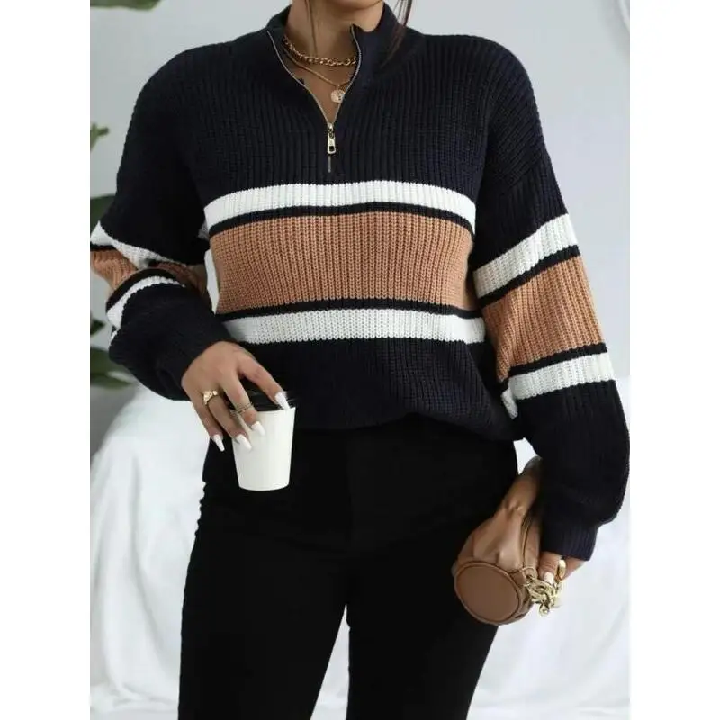 Women's Colorblock Striped Print Half Zip up Mock Neck Sweater Spring 2026 Fashion Ladies Premium Knitwear Thickened Material