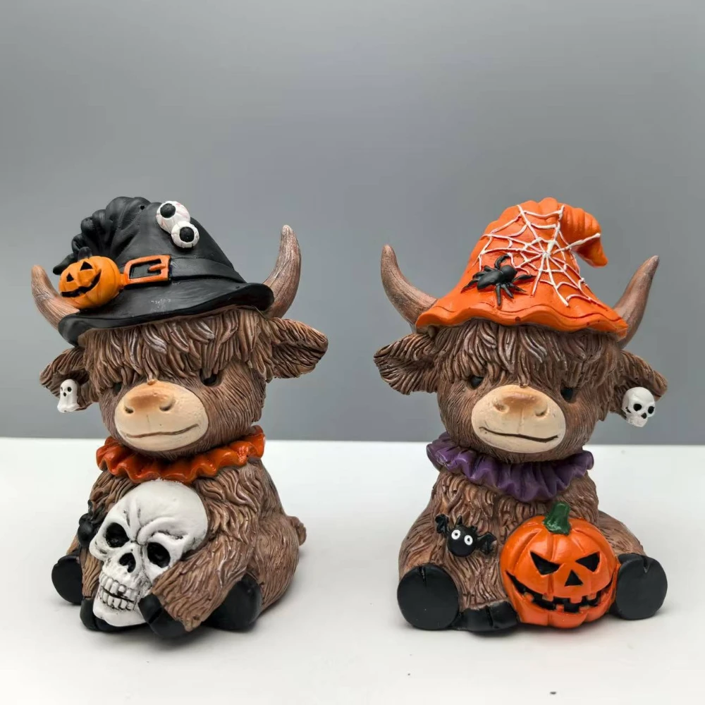 2 PCS Cute Highland Cow Figurines Set Resin Ornaments Pumpkin Skull Spider Home Table Decor Perfect Halloween Holiday Gift