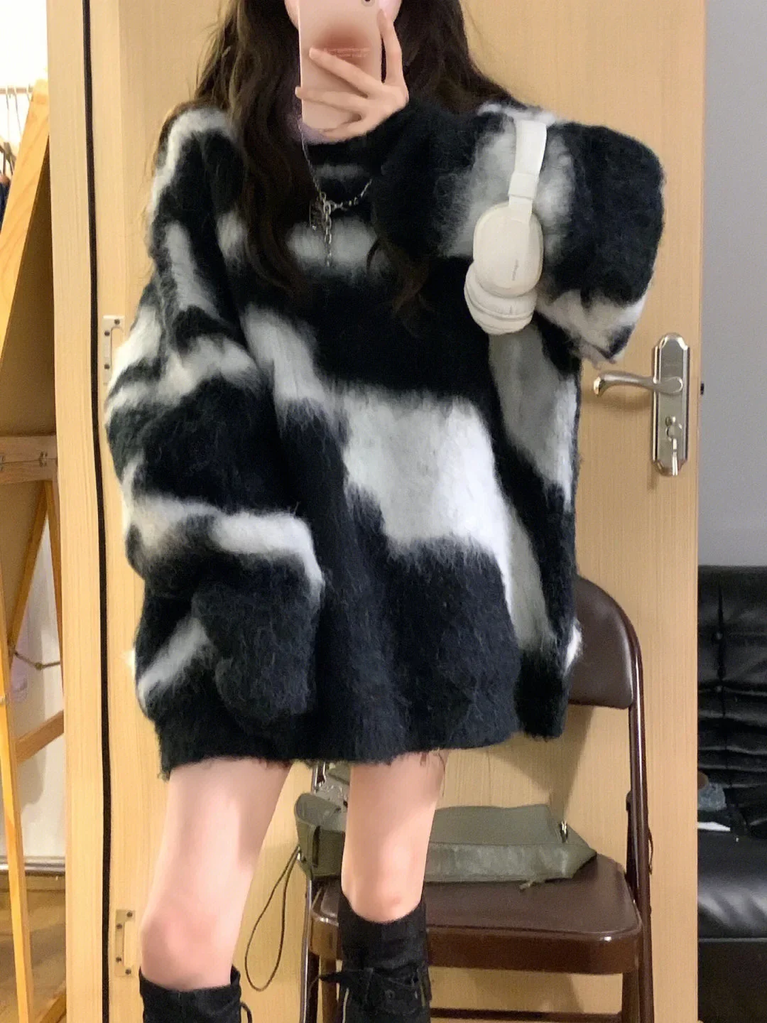 

Корейский мохеровый свитер, женский повседневный джемпер с длинным рукавом, контрастный цвет, винтажный модный вязаный свитер большого размера, топы Sueter Mujer