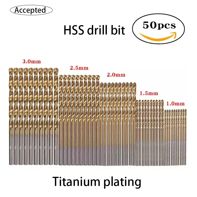 

50 pieces of HSS high-speed steel drill bits, titanium coated woodworking drill bits high-quality electric tools 1/1.5/2/2.5/3mm