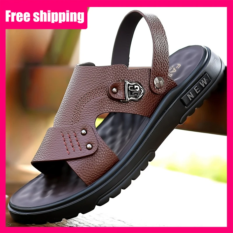 Men Slippers Exposed Toes Hollowed Out Leather Summer Fashion Beach Shoes 2026 New Comfort Breathe Sports Hiking Sandals for Men