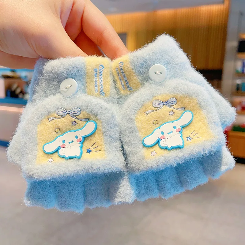 Kuromi children's gloves autumn and winter girls cute cartoon padded five-finger sets girls windproof warm one-finger gloves