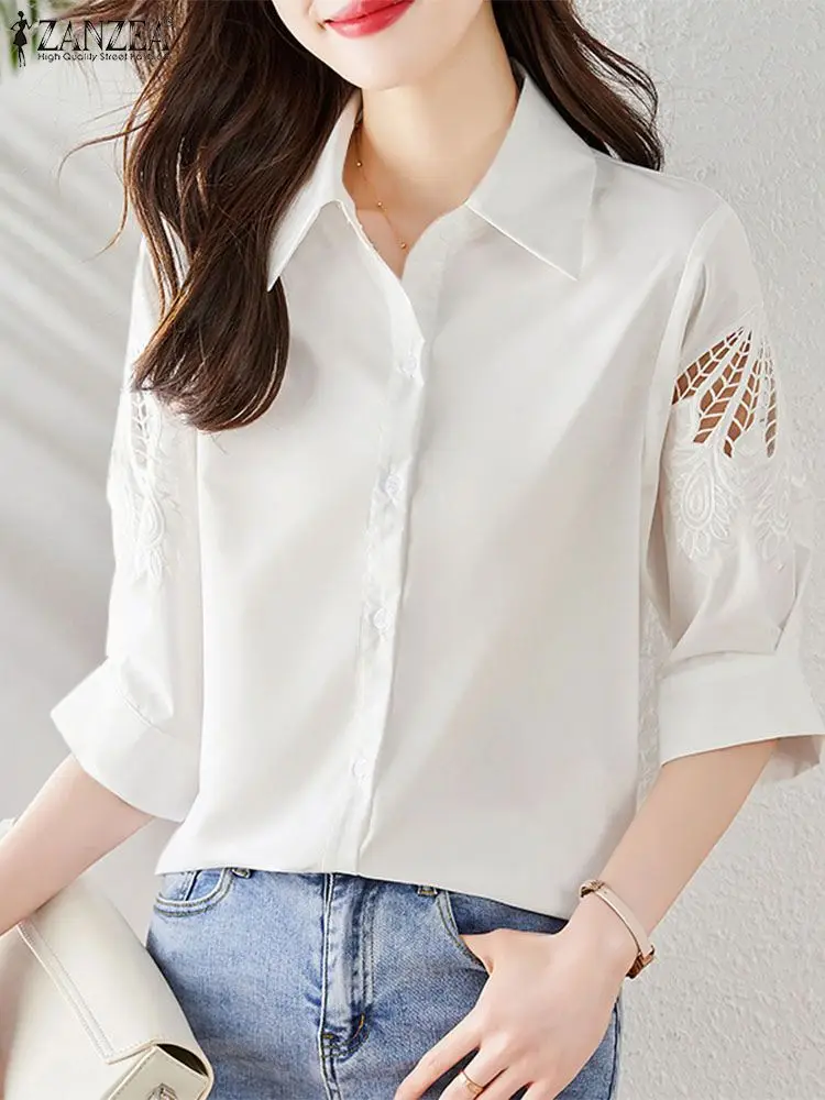 

Summer Fashion OL Work Shirt Women Elegant Lace Crochet Blouse ZANZEA Stylish Half Sleeve Hollow Out Blusas Female Holiday Tops