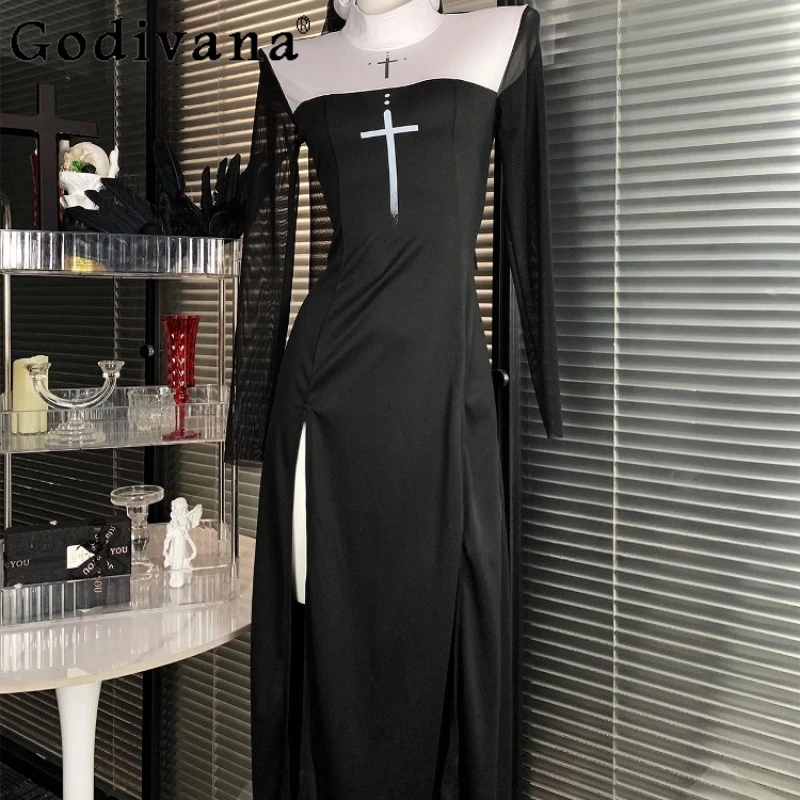 Puro escuro goth cosplay vestido feminino sexy alta divisão manga longa vestido de halloween feminino role play carnaval vestido de festa