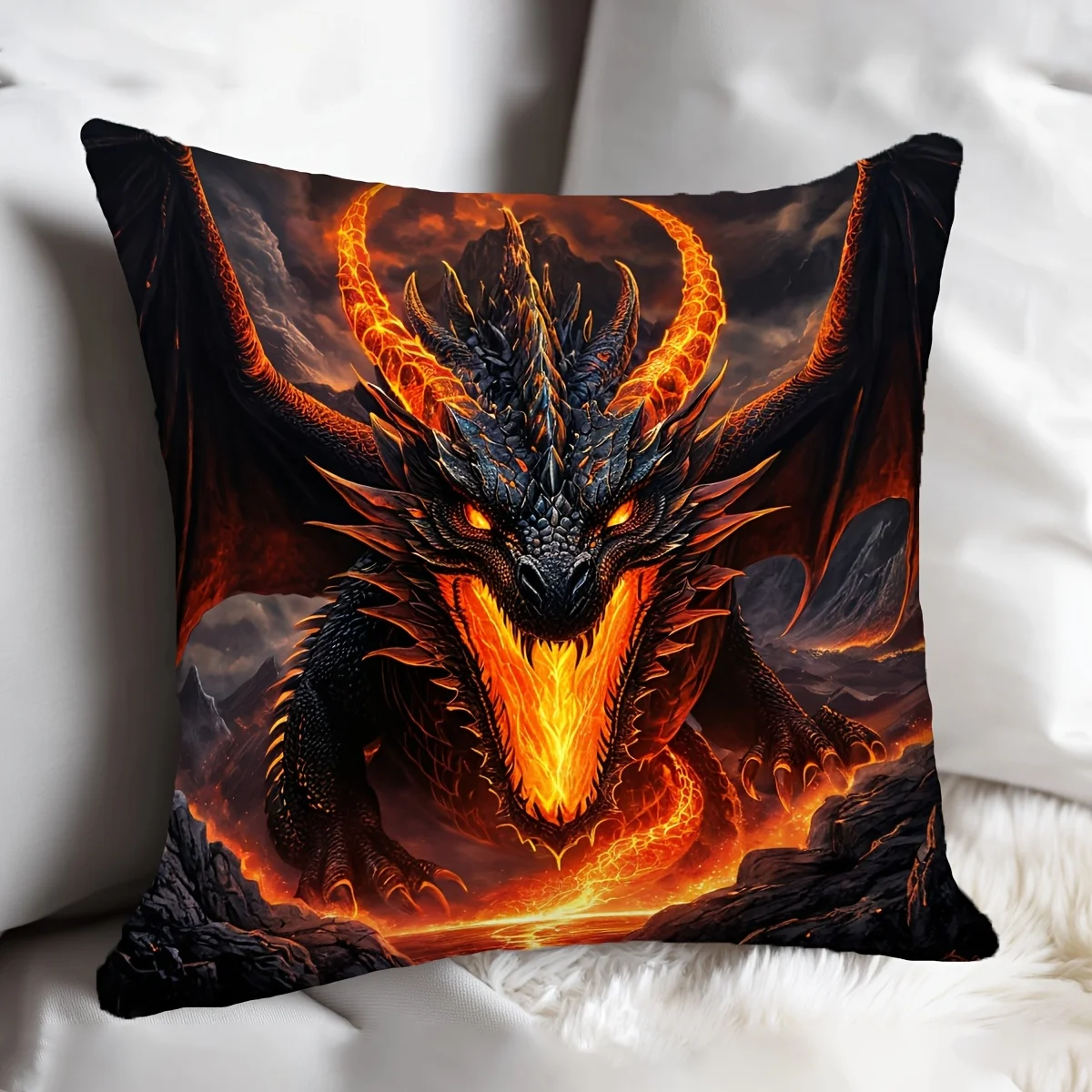Epic Fire Dragon Pillow Case, Fantasy Beast Art Cushion Cover, Cool Gothic Home Decor for Sofa Bedroom Living Room Game Room