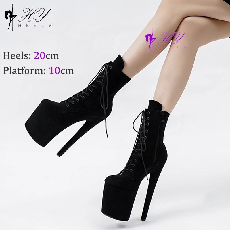 20cm Sexy Black Platform Pole Dance Shoes Stripper Heels Suede Ankle Boots High Heels Laces Round Toe Low Leg