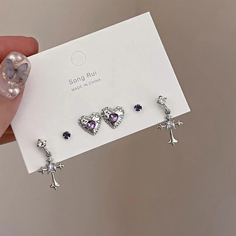 

6Pcs/set Fashion Gothic Zircon Crystal Heart Corss Stud Earrings For Women Punk Sweet Cool Party Aesthetic Y2K Jewelry Gift