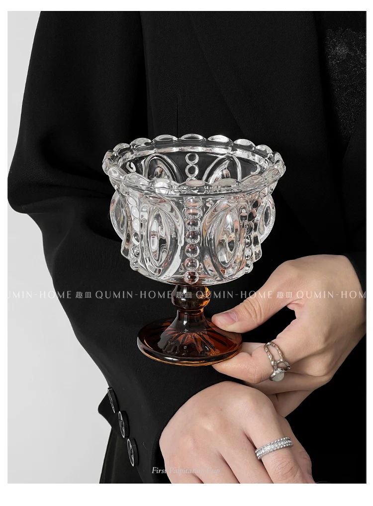 Brown Embossed Crystal Ice Cream Dessert Yogurt Cup European Style Household Goblet High-value Glass Cup