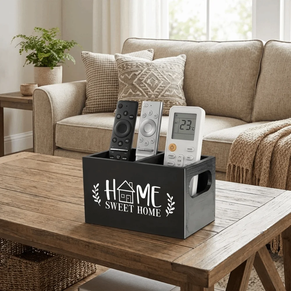 Makeup Organizer Wooden Remote Control Storage Box Decorative Simple Remote Control Holder with 2 Slots Tea Bag Storage Box Home