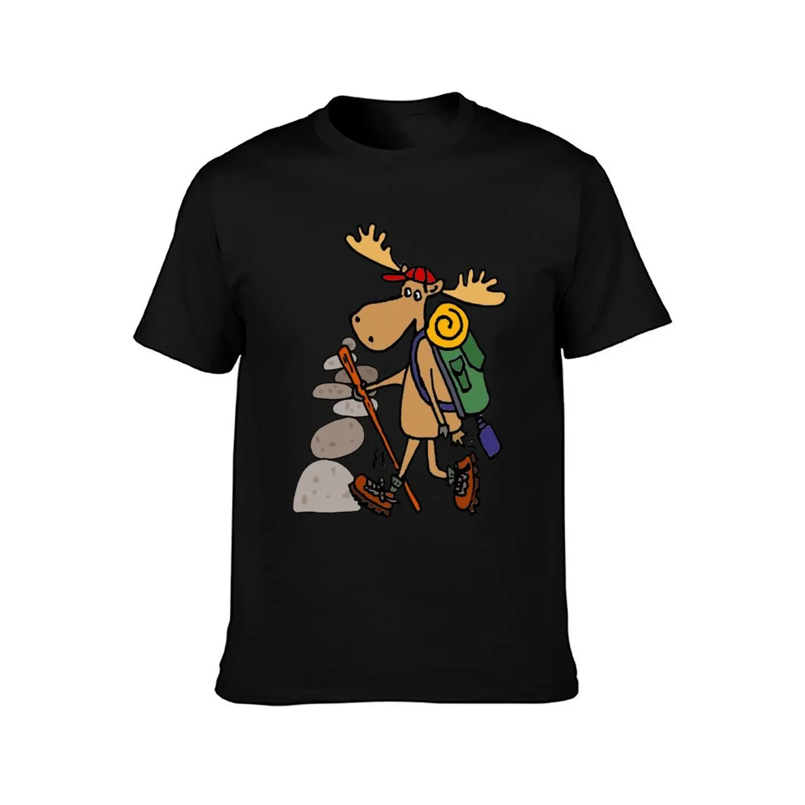 Funny Moose Hiker and Cairn Nature Art T-Shirt Basic Solid Color Short Sleeve T-Shirt