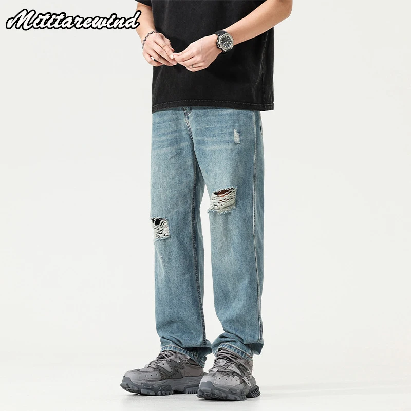 

Ripped Hole Baggy Jeans Men Vibe Straight Hip Hop Streetwear Denim Pant Summer Blue Y2k Jeans Washed Retro Casual Loose Trousers