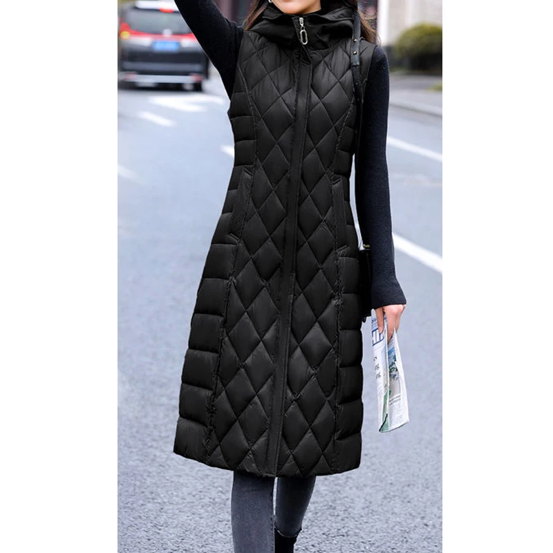 Autumn Winter Women Fashion Down Cotton Padded Vest Elegant Slim Sleeveless Zipper Hooded Jacket Casual Quilted Long Parka Coat