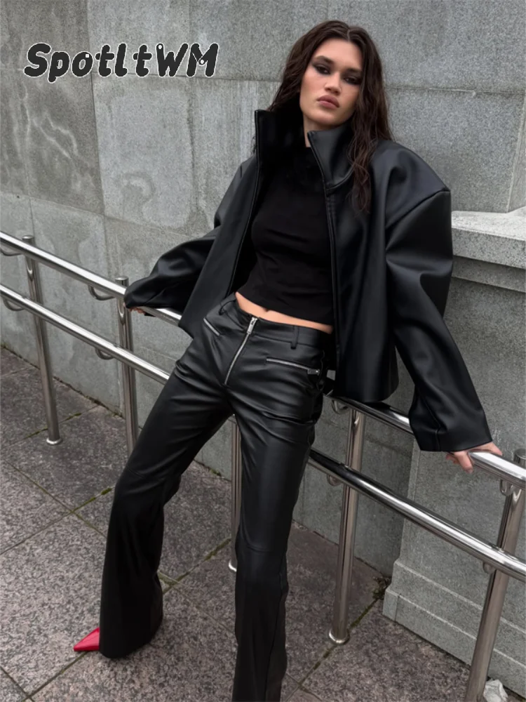 Black Pu Leather Stand Collar Full Zip Padded Shoulder Jackets Women's Long Sleeve Zip Cuff Overcoats 2026 Autumn Street Outfit