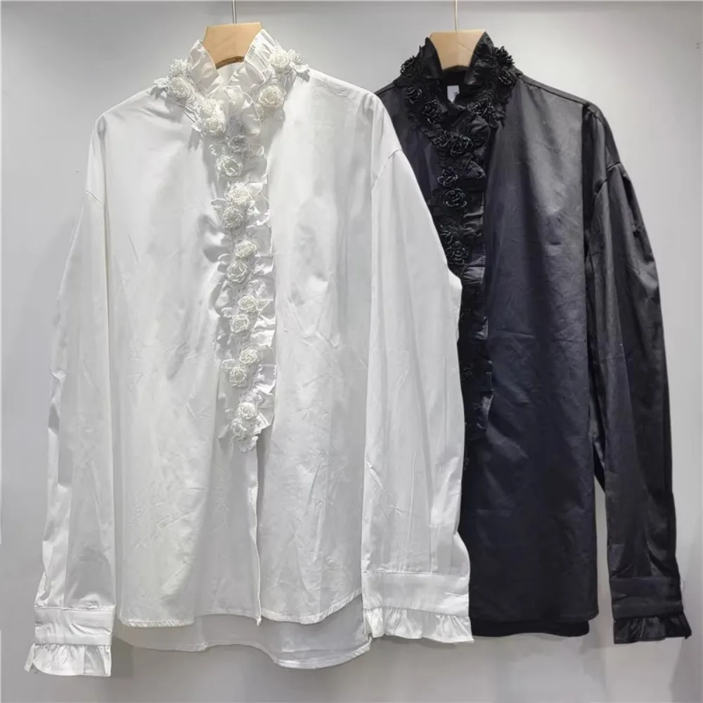 

Женская хлопковая блузка с 3D-цветами, французская блузка с оборками, пэчворком и бисером, топ с длинным рукавом и воротником-стойкой оптом