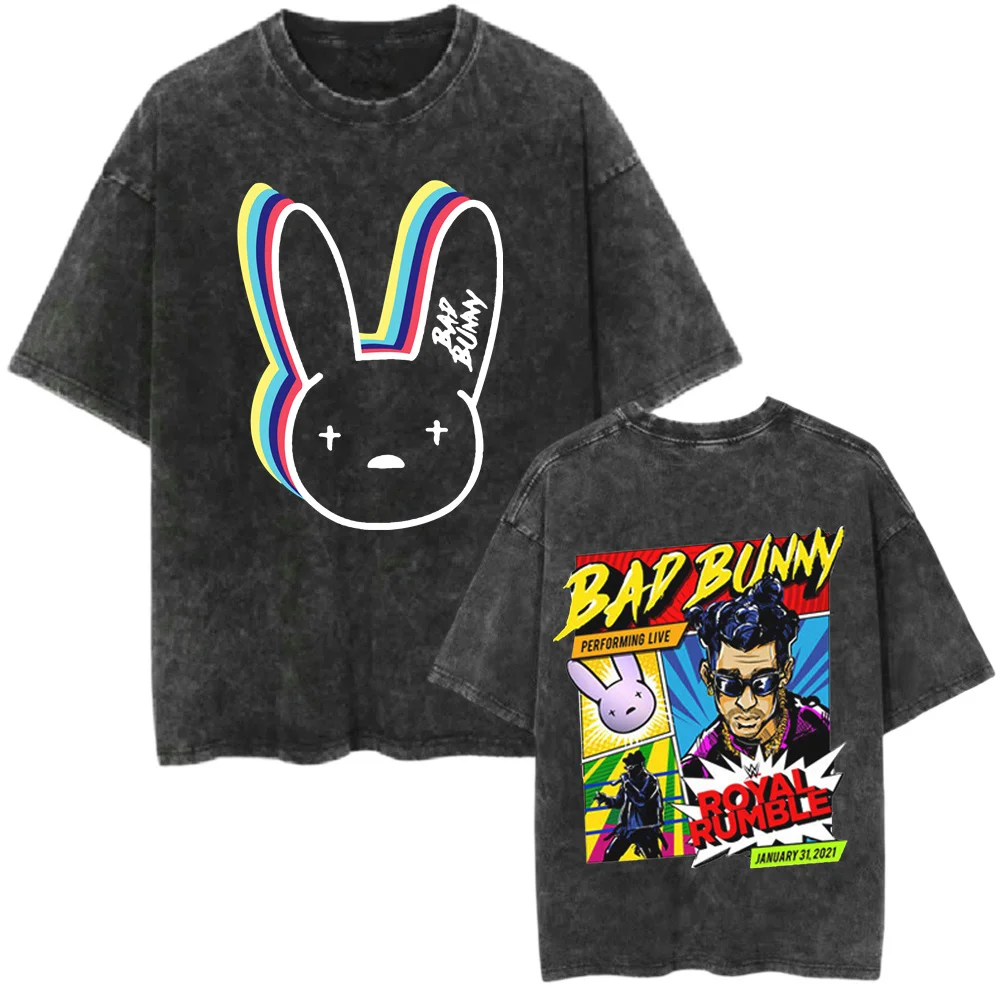 T-shirt Man Rapper Bad Bunny Print Retro Washed T-shirts Oversized Hip Hop Tshirt Harajuku Streetwear Unisex Tops Tees