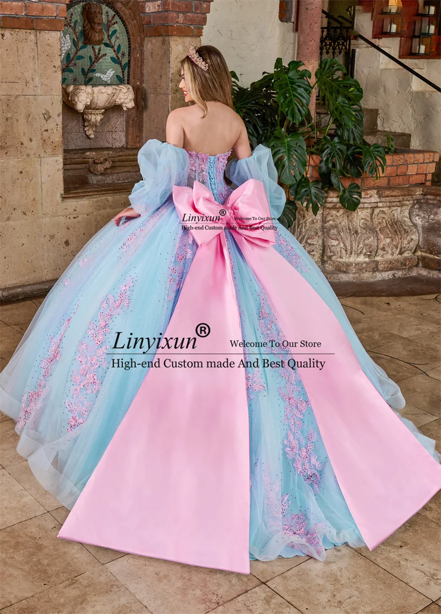 Doce céu azul Princesa Quinceanera Vestidos, vestido de baile, Pérolas Cristais, Lace-Up, Princesa Impressionante, 16 Flower Applique, 15th Ages