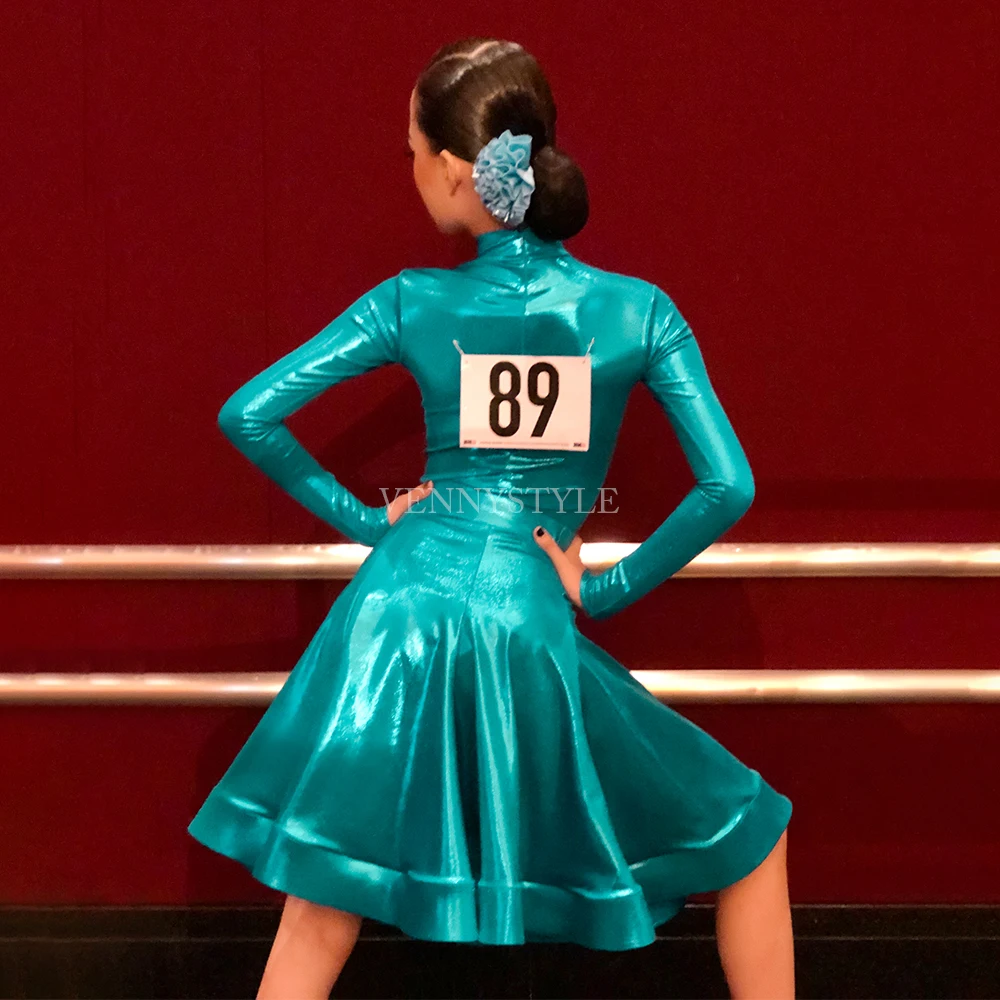 Vennystyle Latin Dance competition dress Long sleeve green Latin dance dress women\'s professional ballroom dance dress