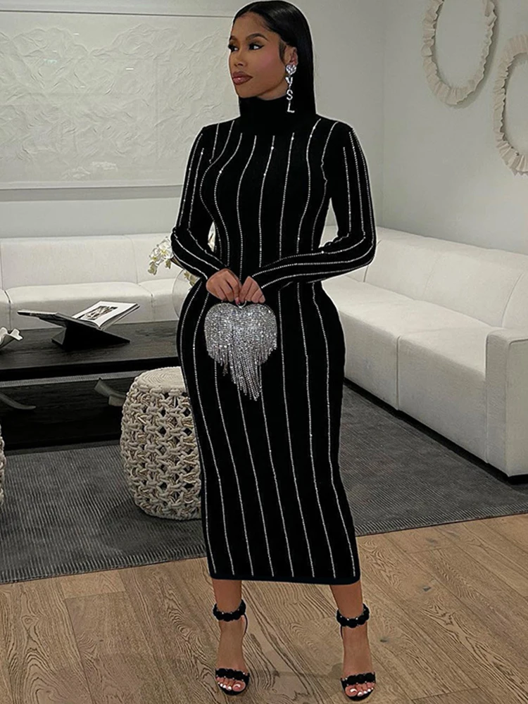 

Aynaray 2023 Women Autumn Winter Sexy Bodycon Dresses Long Sleeve Turtleneck Slim Fit Solid Black Midi Dress Female