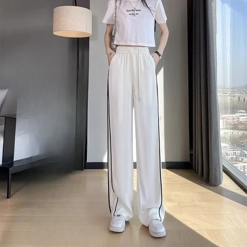 Quick-drying Ice Silk Wide-leg Pants Drape Casual Loose White Sweatpants Good-looking Women's Summer Thin New Straight-leg Pants