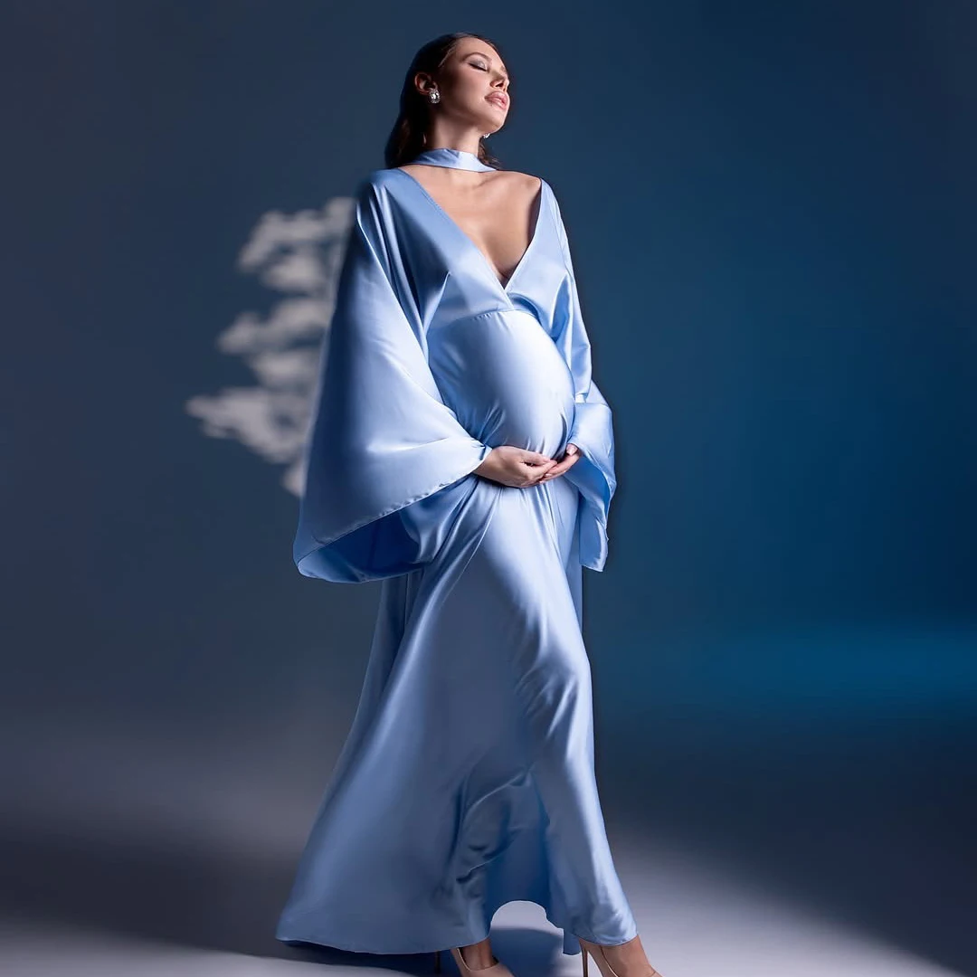床丈スカイブルーサテンマタニティローブディープVネックロング妊婦ドレスワイドスリーブ妊娠ドレス写真撮影用