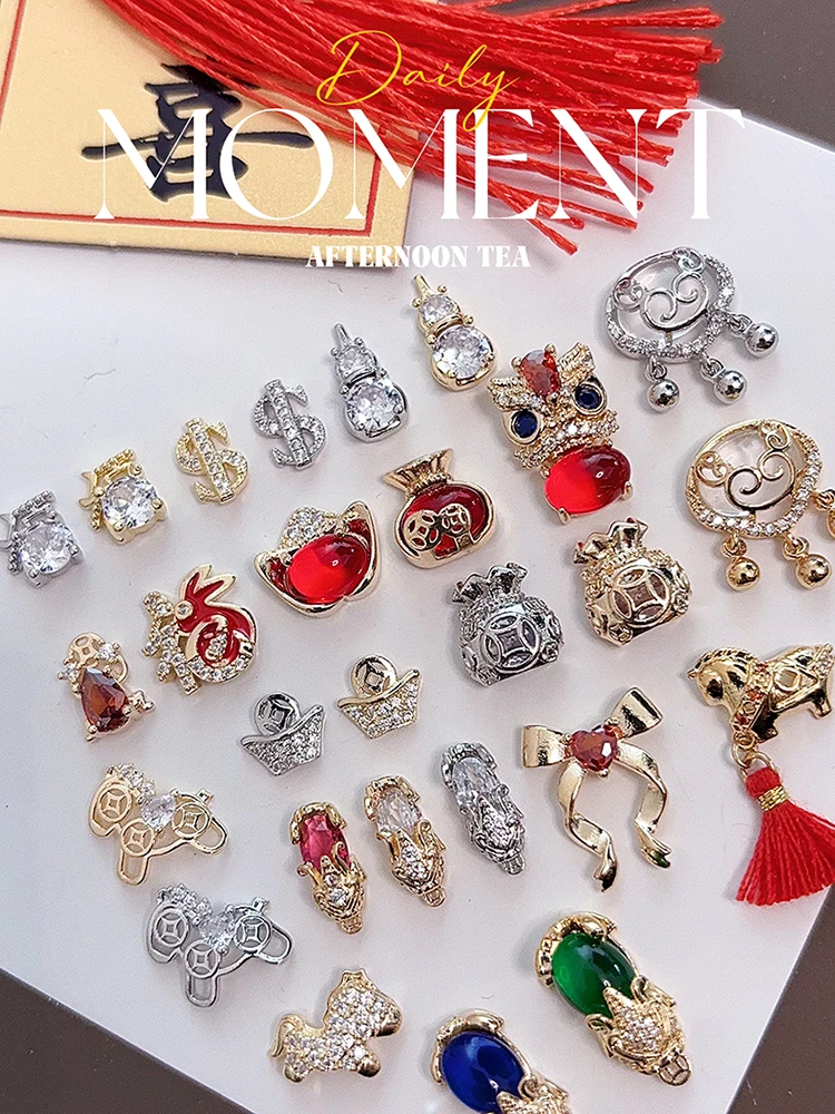 10 szt. ozdób do paznokci na Chiński Nowy Rok, wzór z lwem stróżem i Pi Xiu przynoszący szczęście, żywotne czerwone miedziane cyrkonie do paznokci