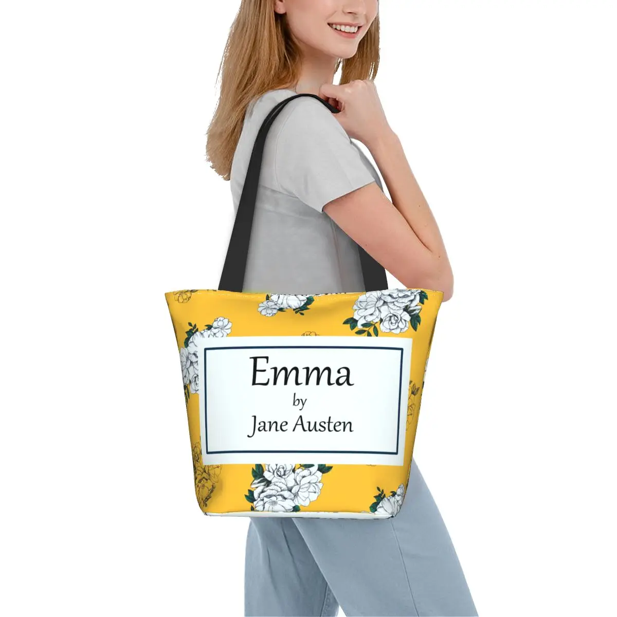 حقيبة يد للتسوق من إيما باي جين أوستن حقيبة كتف للتسوق قابلة لإعادة الاستخدام حقيبة كتف للتسوق من قماش الكتاني