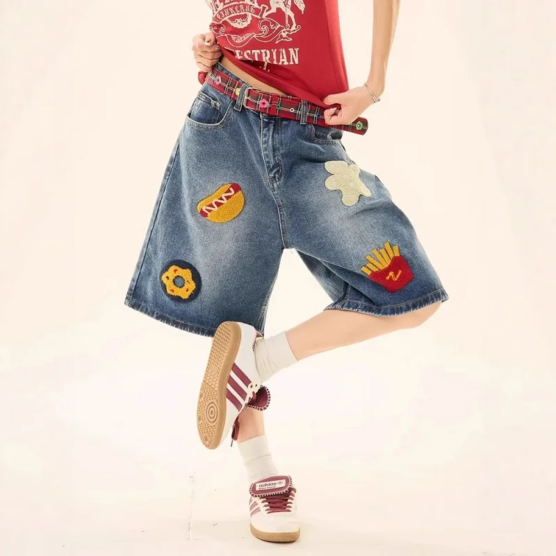 Y2k Retro American Creative French Fries Towel Embroidery Denim Summer Men's Women's Wide-Leg Straight Loose Trendy Capri Pants