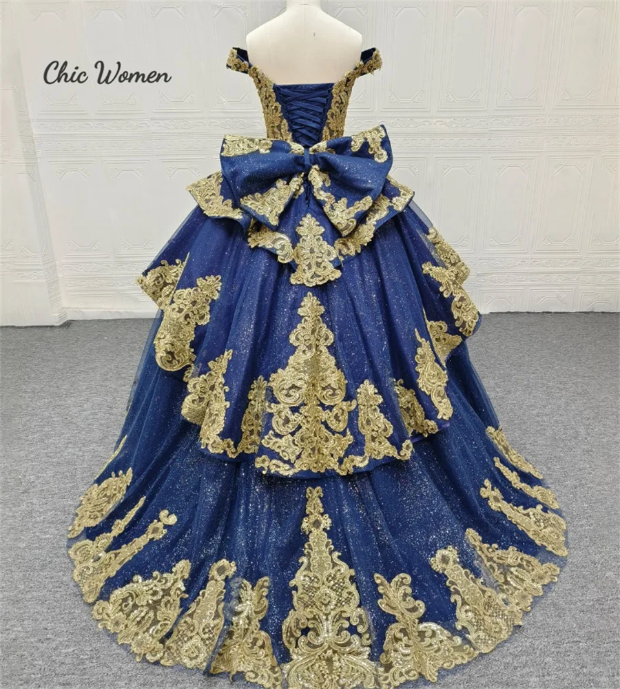 Vestido fora do ombro com laço, Renda dourada, Azul marinho, Lantejoula, Sweet 15 Dress, Vestidos Quinceanera, Ballkleider, 2023