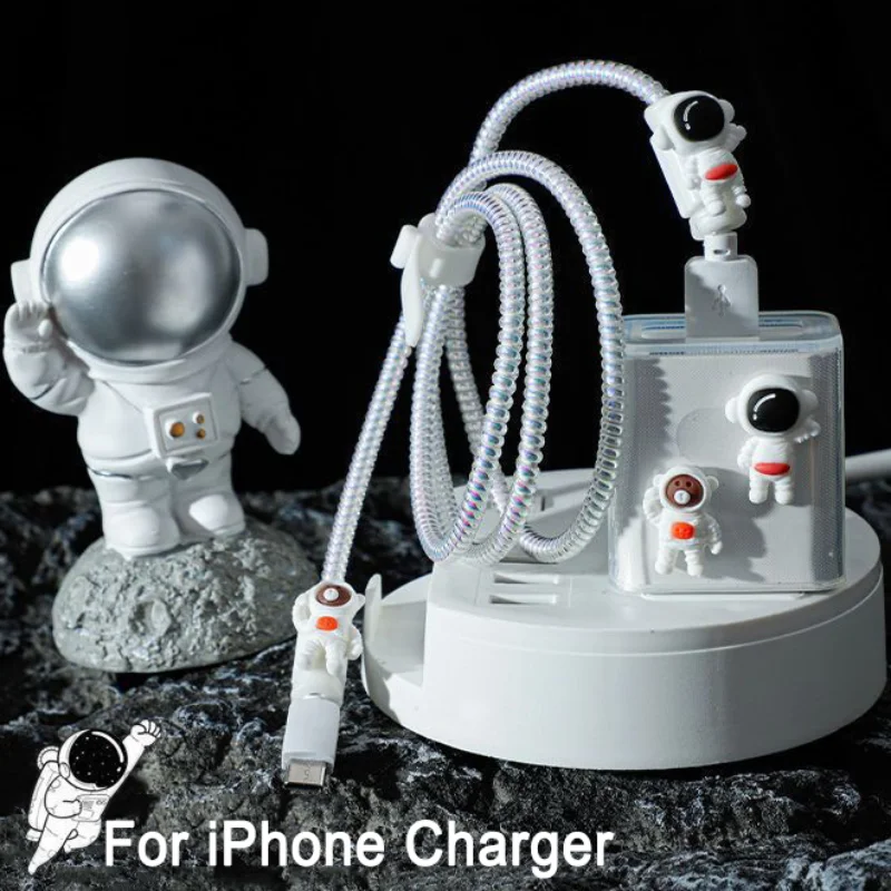 Spiral Data Cable Protector Cute Astronaut Charger Wire Saver Mobile Phone 18W/20W Power Adapter Case Cover for Iphone 14 13 12