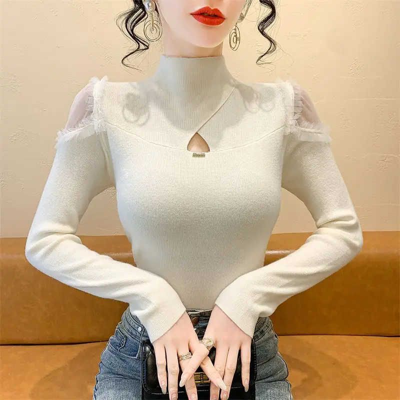 

Шикарный сетчатый лоскутный топ с длинными рукавами, женский внутренний слой, нижняя рубашка с воротником до половины черепахи, дизайн топ с открытыми плечами