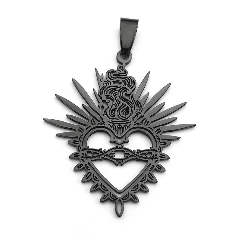 3Pcs Hollow Flaming Sacred Heart Charms Thorns Sacred Heart pendants For Women Men Stainless Steel Black Faith charms Jewelry