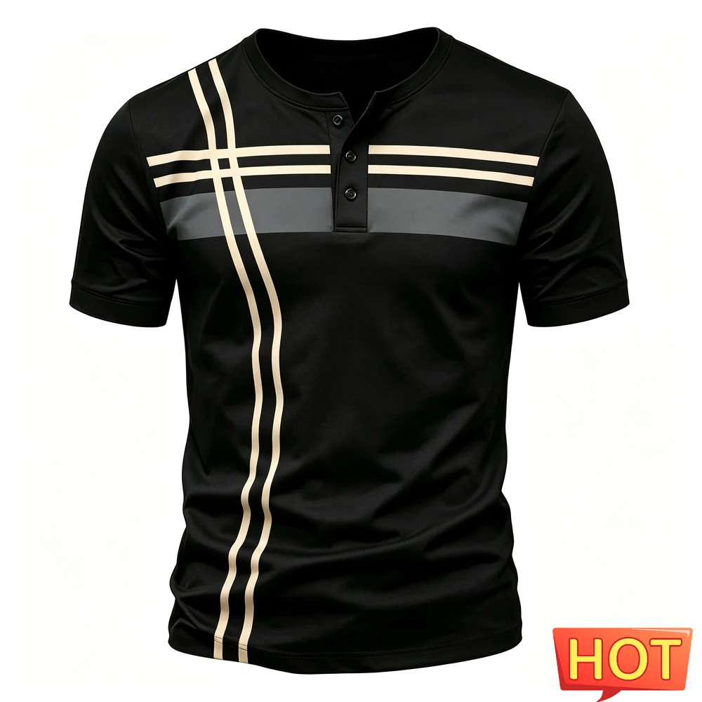 Simple Stripes Print Men Henry T shirts Summer Casual Henry Collar Short Sleeve Button Shirt Fashion Loose Tops Hip Hop Clothing