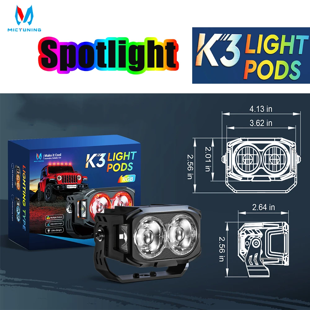 MICTUNING 2PCS 4 Inch K3 LED Light Pods RGB Colors Spot Beam Waterproof Illuminated Spotlight Work Light Kit for Truck Boat SUV