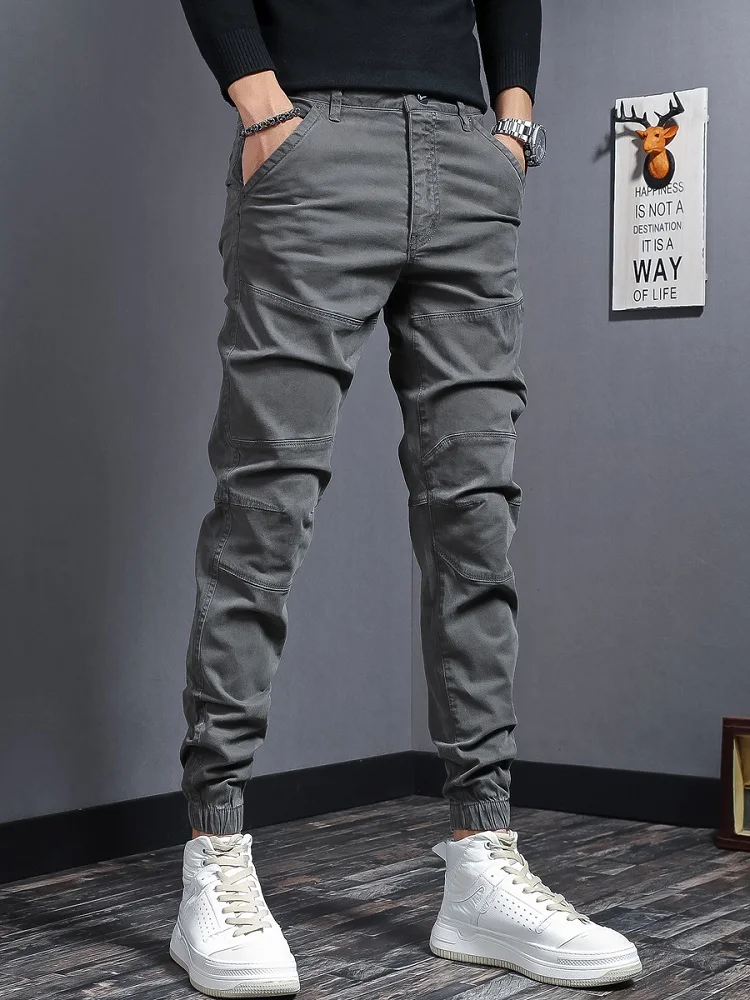 Men's Cotton Gray Cargo Pants Autumn Tactical Casual Stretch Slim Fit Trousers