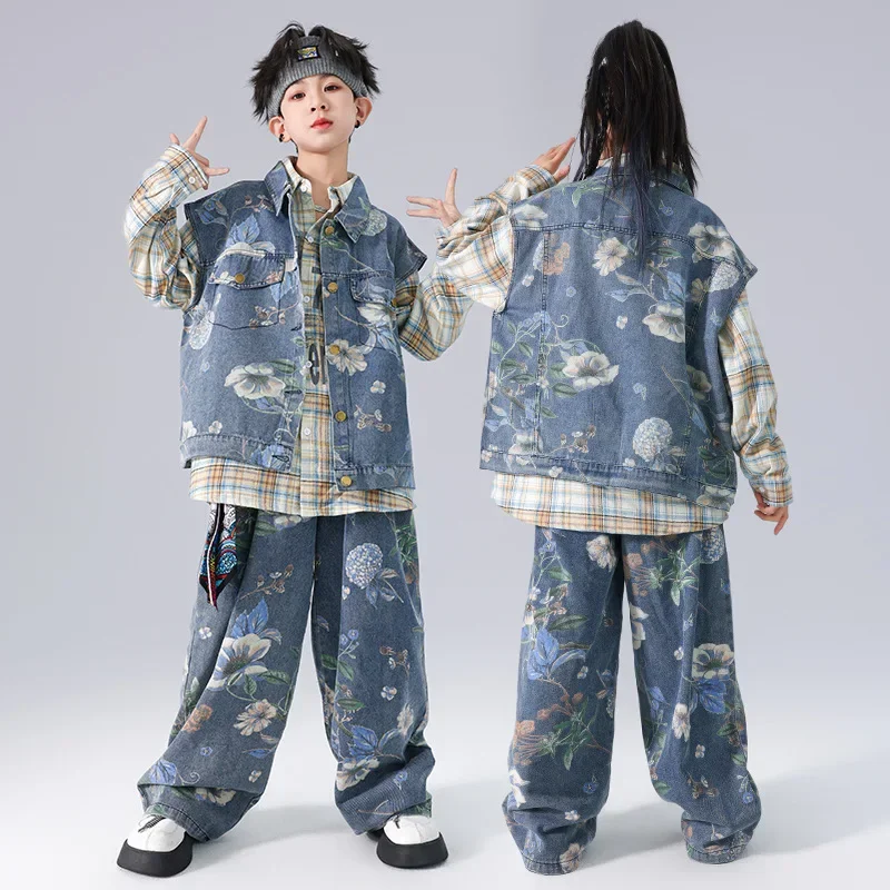 Children's Streetwear Print Denim Vest Pant Boy Gilr Hip Hop Jazz Dance Costume Kids Jacket Jeans Sets Performance Costume
