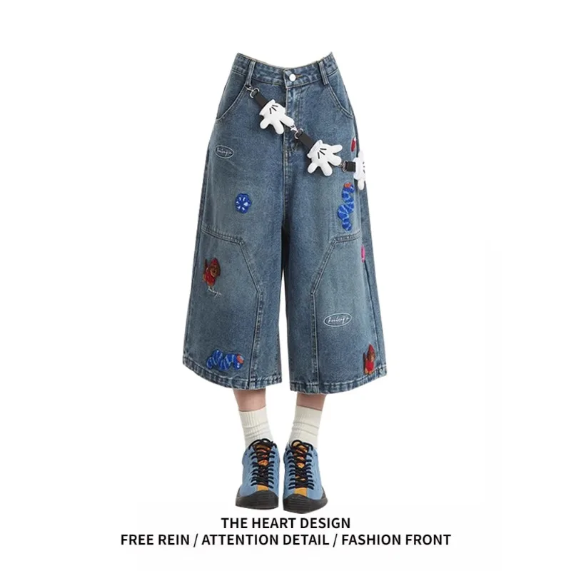 

Эстетические винтажные свободные джинсы с вышивкой, женские летние новые дизайнерские прямые брюки с высокой талией, повседневные синие ковбойские брюки в стиле ретро