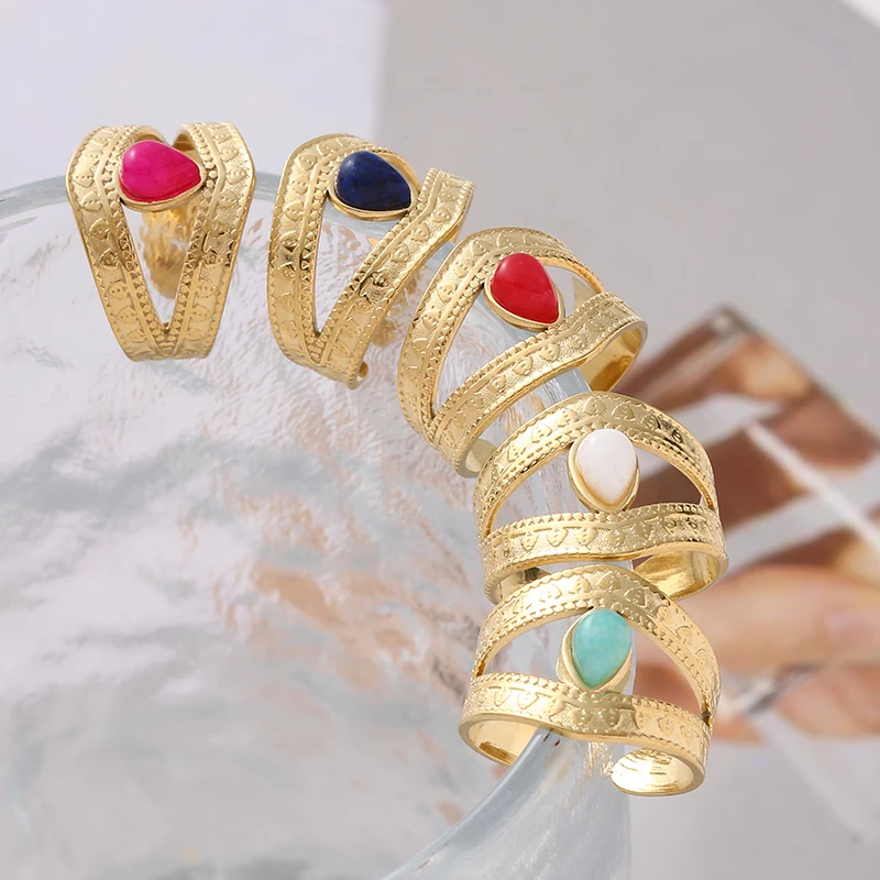

Bohemian Stainless Steel Ring Zircon Water Drop Shape Adjustable Opening Rings for Women Vintage Fashion Finger Rings Jewelry