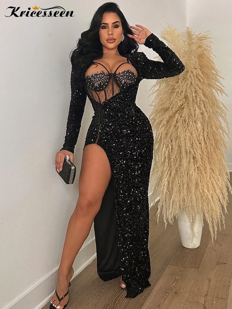 Kricesseen Chic Corset Glam High Slit Sequins Dress Set Glitter  Rhinestone Underwire Lace Bodysuit +Sequins Long Dress Gowns