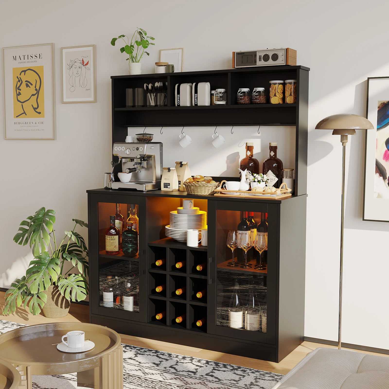 Liquor Cabinet Coffee Bar Cabinet with Power Outlet, LED Light, 6 Hooks, 9 Wink Racks and Adjustable Shelf, Wine Rack