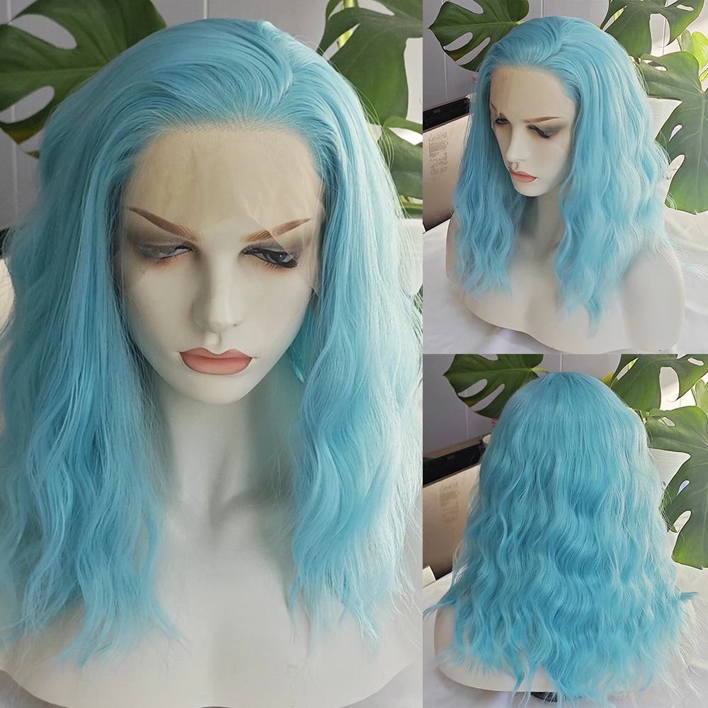 السماء الزرقاء موجة الشعر الاصطناعية الدانتيل الباروكة فضفاضة موجة الضوء الأزرق الشعر الدانتيل الجبهة الباروكات النساء تأثيري Makrup استخدام الحرارة الألياف الشعر الأزرق