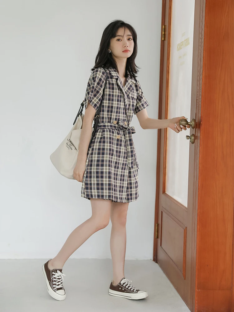 Vintage Baggy Playsuits Women Summer High Waist Plaid Jumpsuit Shorts Suits with Sashes 2022 New